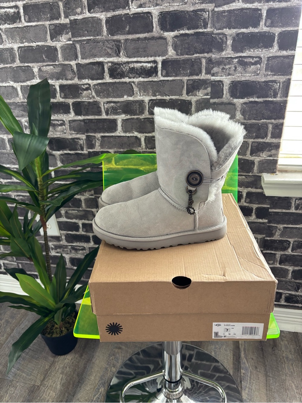 UGG Gray Suede Short Shearling Boot with Button Accent